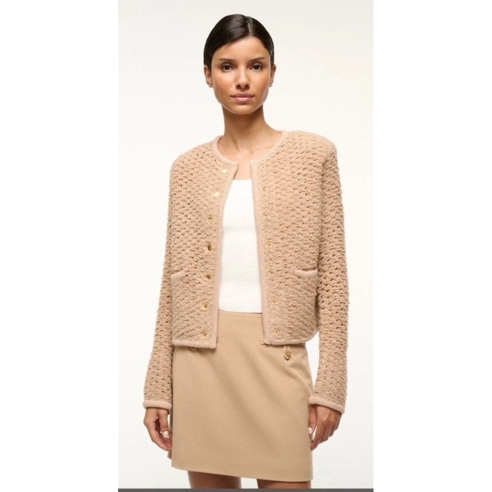 STAUD Camel Lisson Textured Knit Wool Blend Cardigan Womens XL